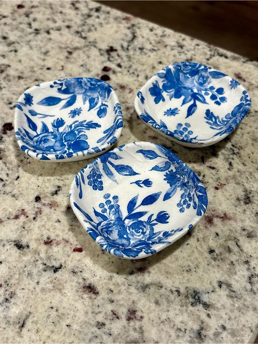 Hand Made Blue Floral Ceramic Trinket Dishes - Set of 3